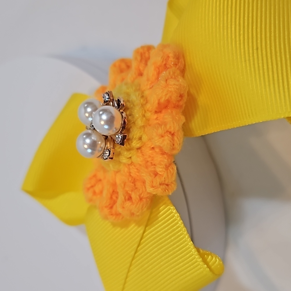 Hand Crafted yellow bow hairband hand  crochet flower faux pearls beads floral - Picture 14 of 17